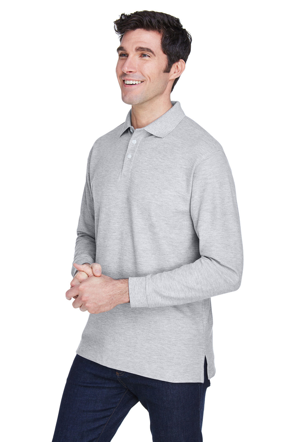 Devon & Jones D110 Mens Long Sleeve Polo Shirt Heather Grey Model 3q