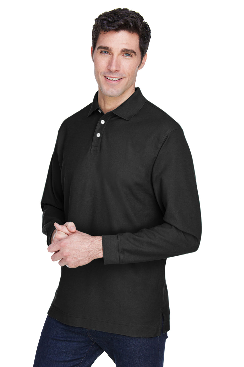 Devon & Jones D110 Mens Long Sleeve Polo Shirt Black Model 3q