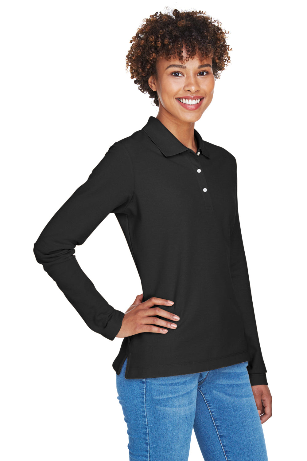 Devon & Jones D110W Womens Long Sleeve Polo Shirt Black Model 3q