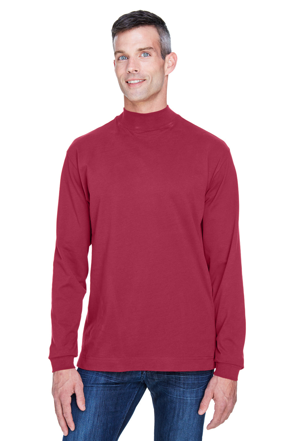 Devon & Jones D420 Mens Sueded Jersey Long Sleeve Mock Neck T-Shirt Crimson Red Model Front