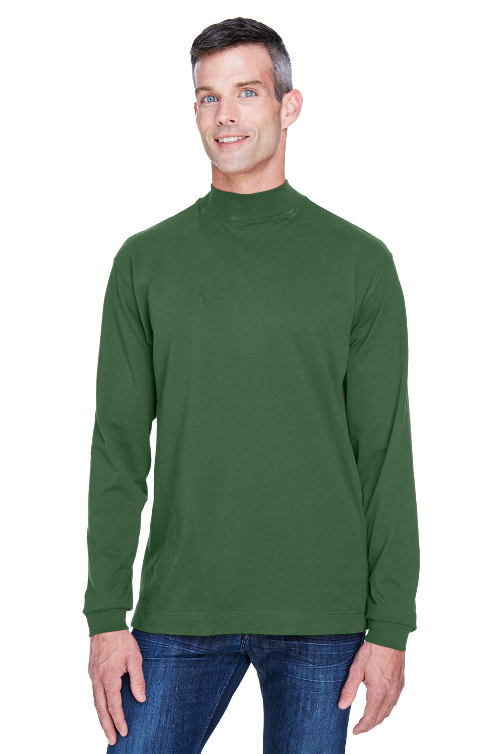 Devon & Jones D420 Mens Sueded Jersey Long Sleeve Mock Neck T-Shirt Forest Green Model Front