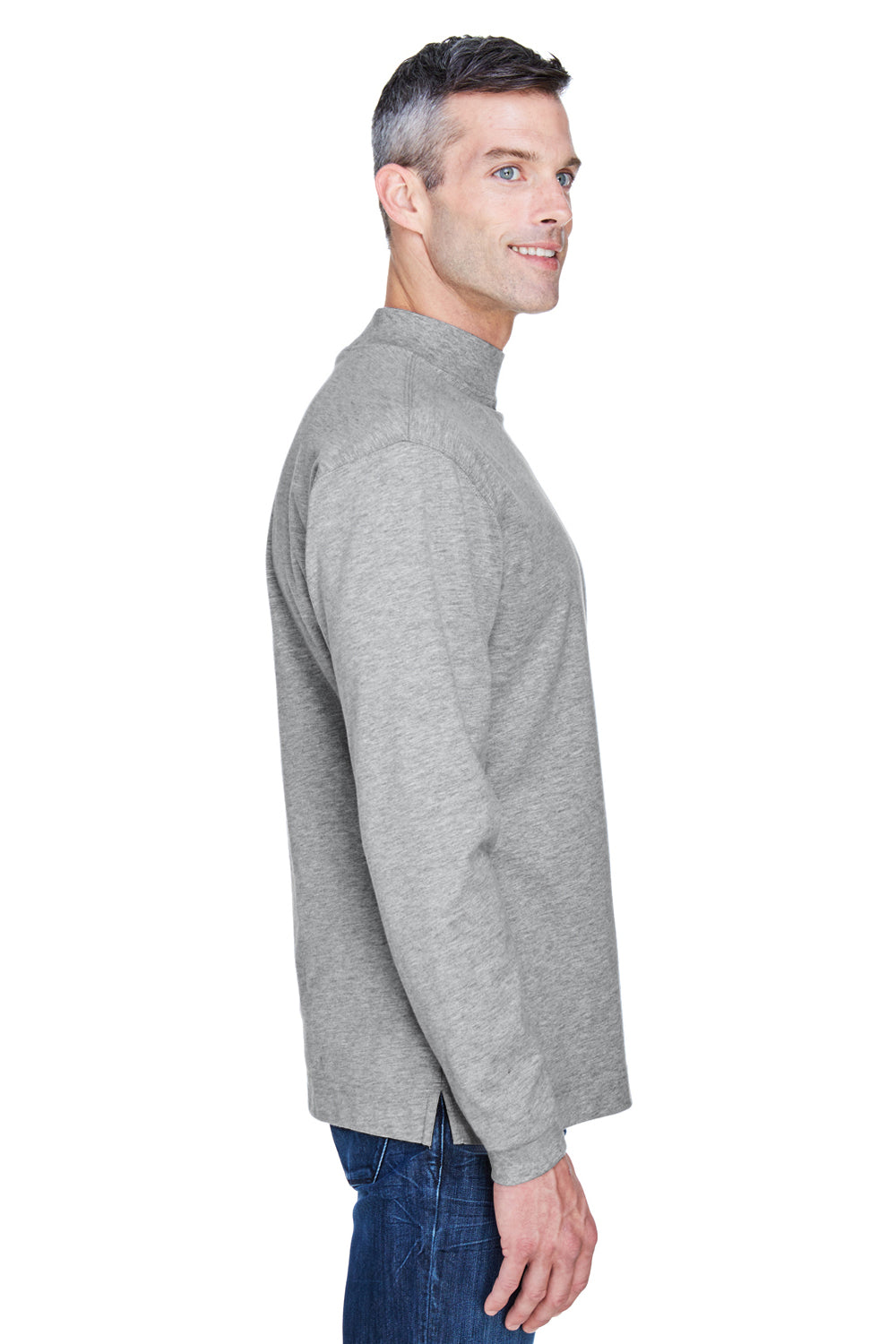 Devon & Jones D420 Mens Sueded Jersey Long Sleeve Mock Neck T-Shirt Heather Grey Model Side