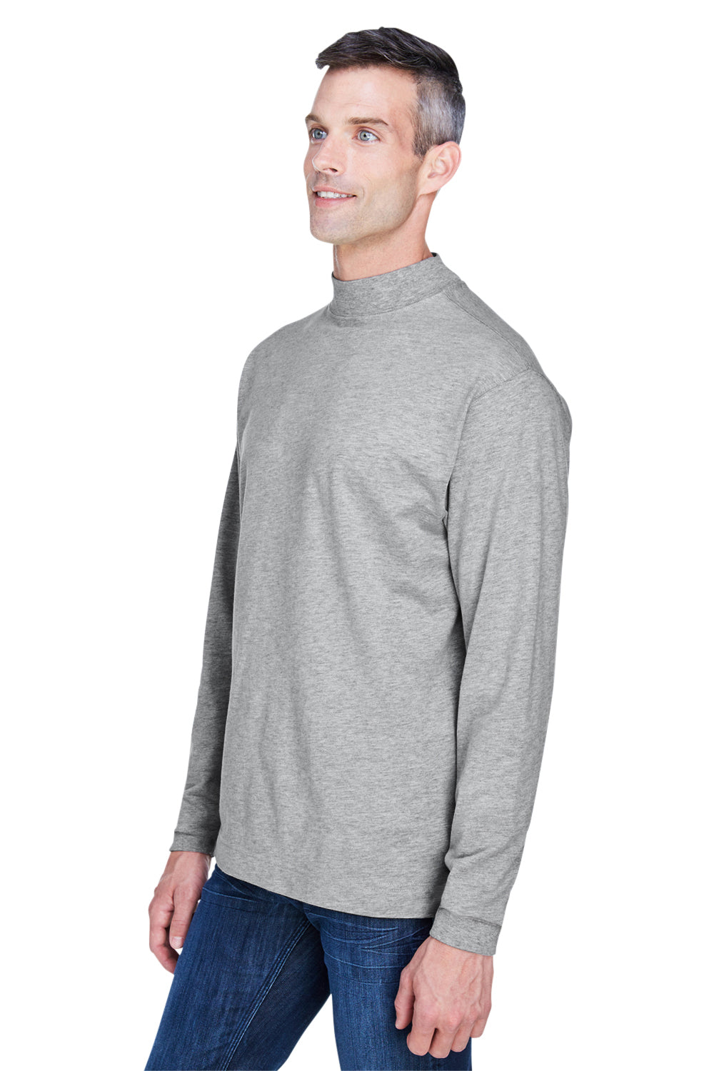 Devon & Jones D420 Mens Sueded Jersey Long Sleeve Mock Neck T-Shirt Heather Grey Model 3q