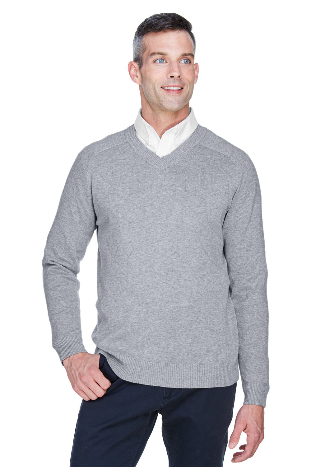 Devon & Jones D475 Mens Wrinkle Resistant V-Neck Sweater Heather Grey Model Front