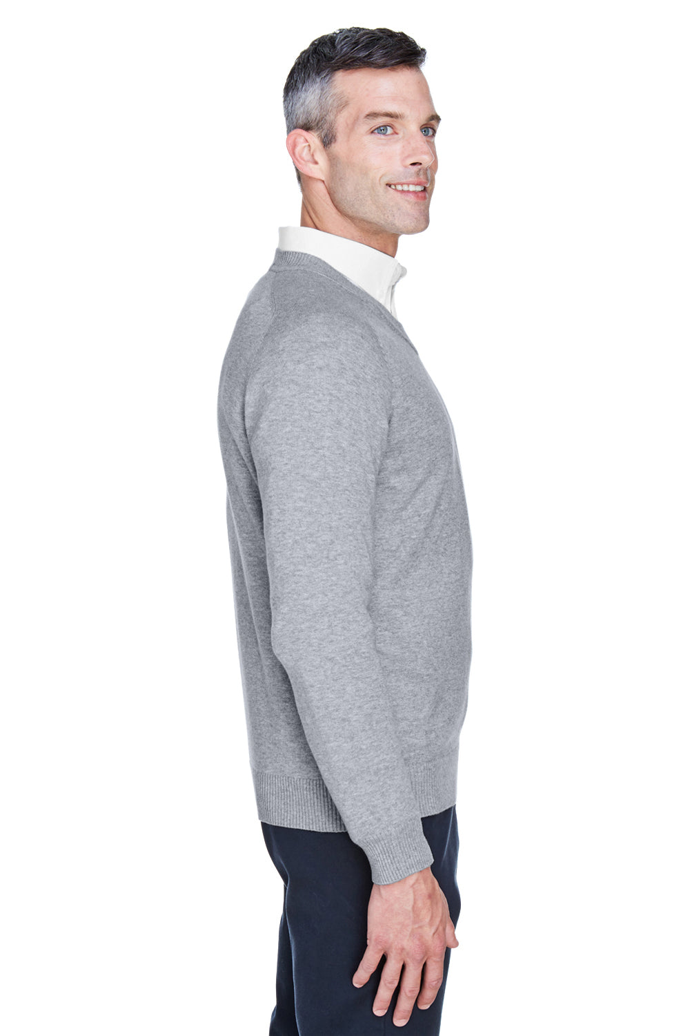 Devon & Jones D475 Mens Wrinkle Resistant V-Neck Sweater Heather Grey Model Side