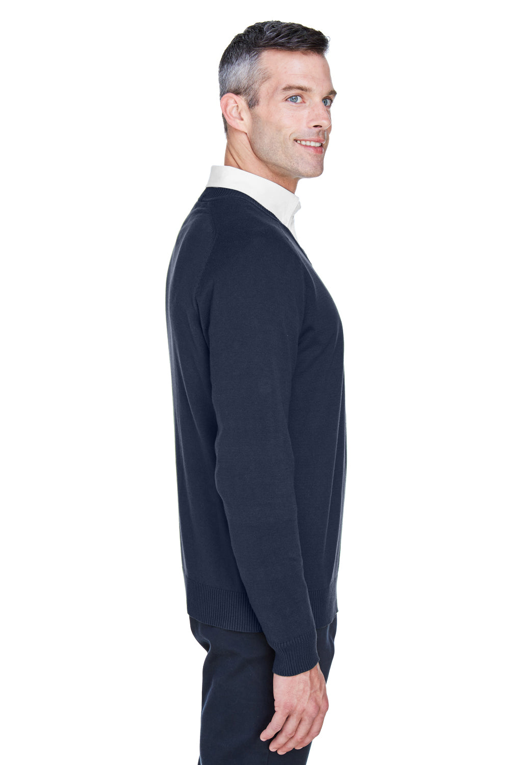 Devon & Jones D475 Mens Wrinkle Resistant V-Neck Sweater Navy Blue Model Side