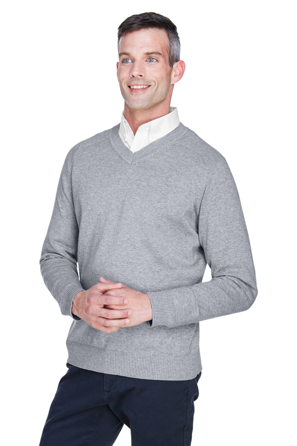 Devon & Jones D475 Mens Wrinkle Resistant V-Neck Sweater Heather Grey Model 3q