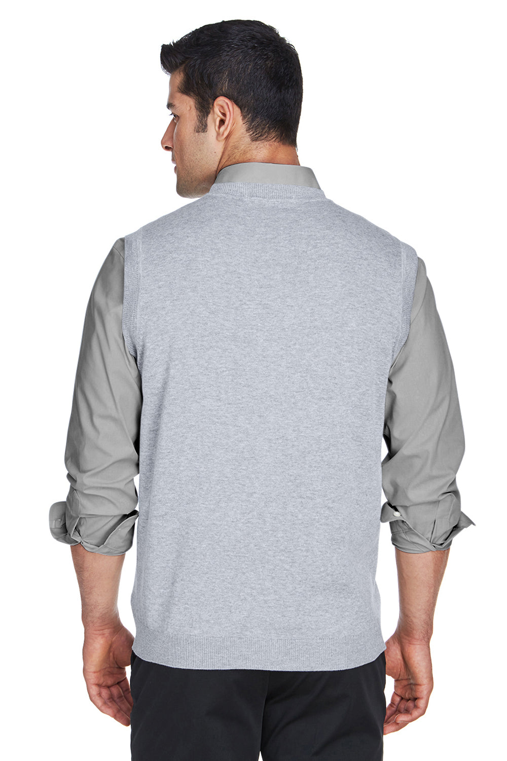 Devon & Jones D477 Mens Wrinkle Resistant V-Neck Sweater Vest Heather Grey Model Back