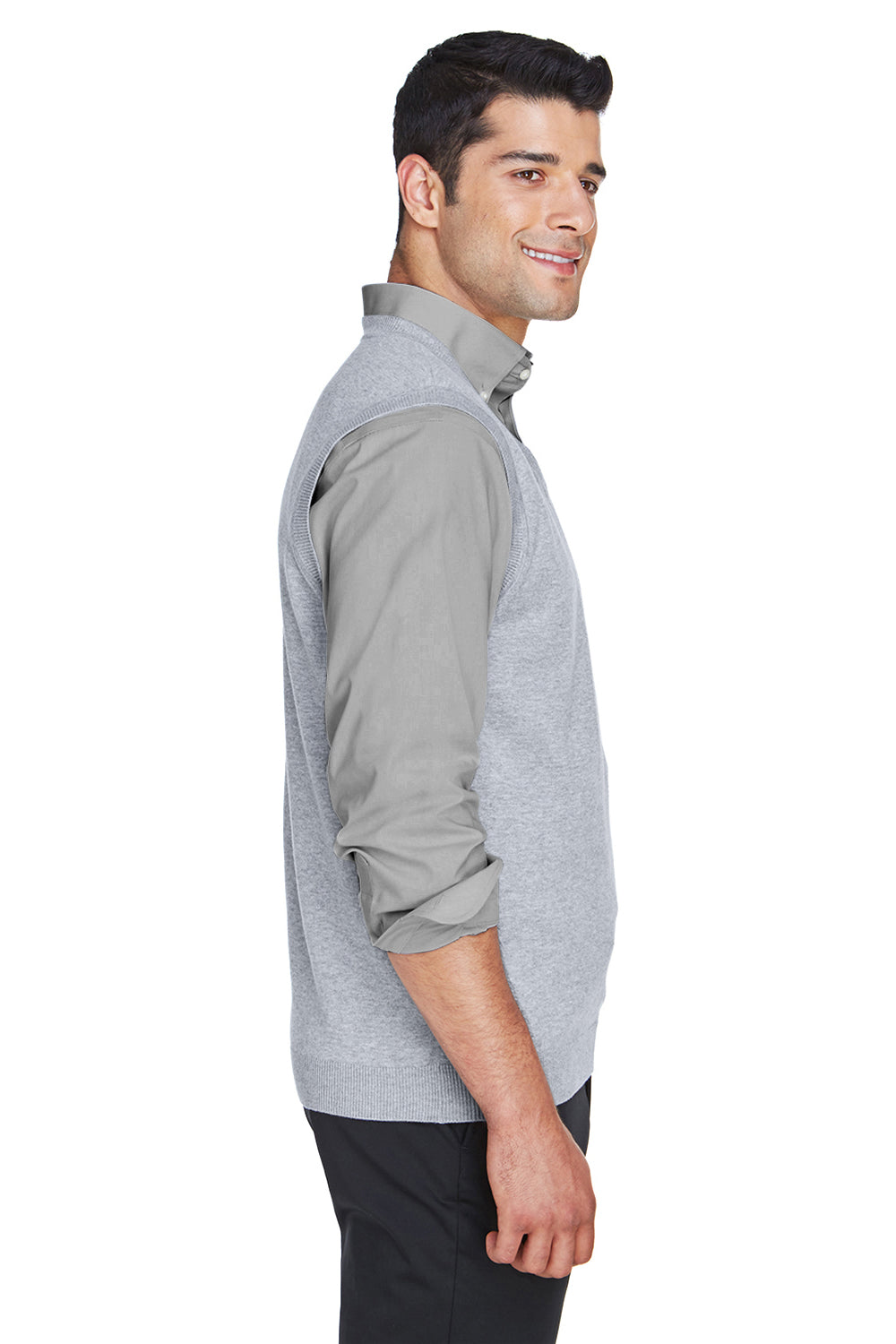 Devon & Jones D477 Mens Wrinkle Resistant V-Neck Sweater Vest Heather Grey Model Side