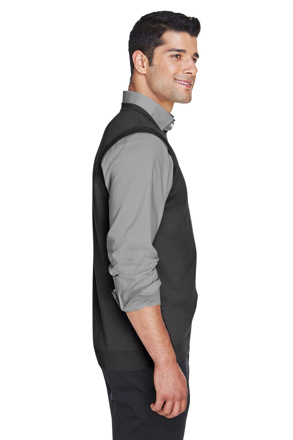 Devon & Jones D477 Mens Wrinkle Resistant V-Neck Sweater Vest Black Model Side