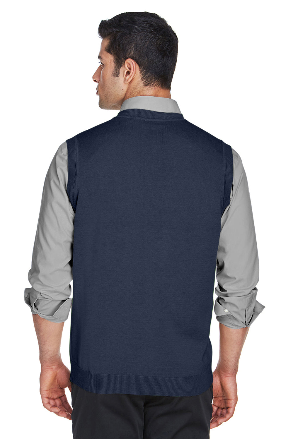 Devon & Jones D477 Mens Wrinkle Resistant V-Neck Sweater Vest Navy Blue Model Back