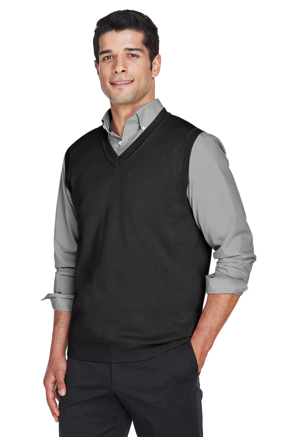 Devon & Jones D477 Mens Wrinkle Resistant V-Neck Sweater Vest Black Model 3q