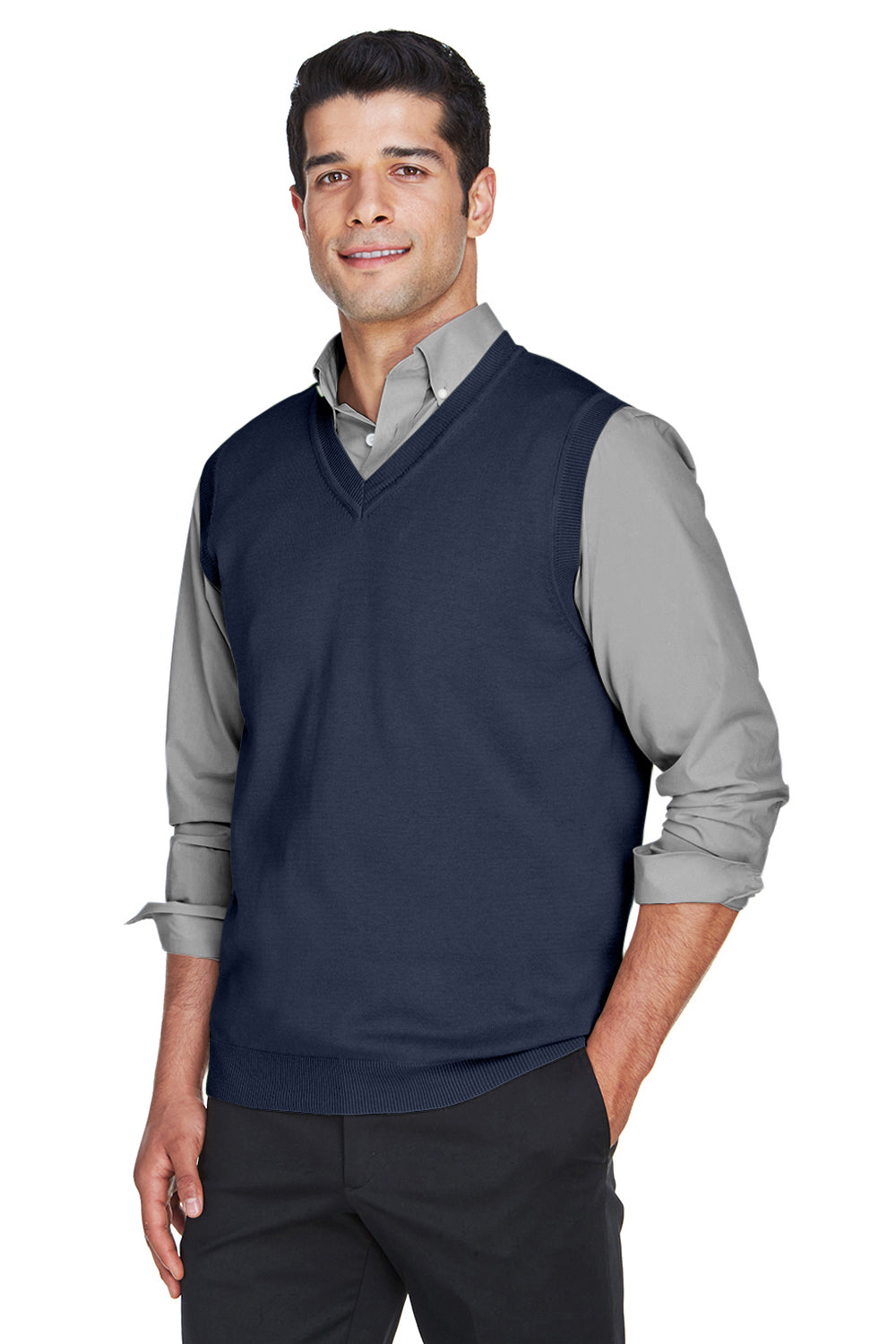 Devon & Jones D477 Mens Wrinkle Resistant V-Neck Sweater Vest Navy Blue Model 3q