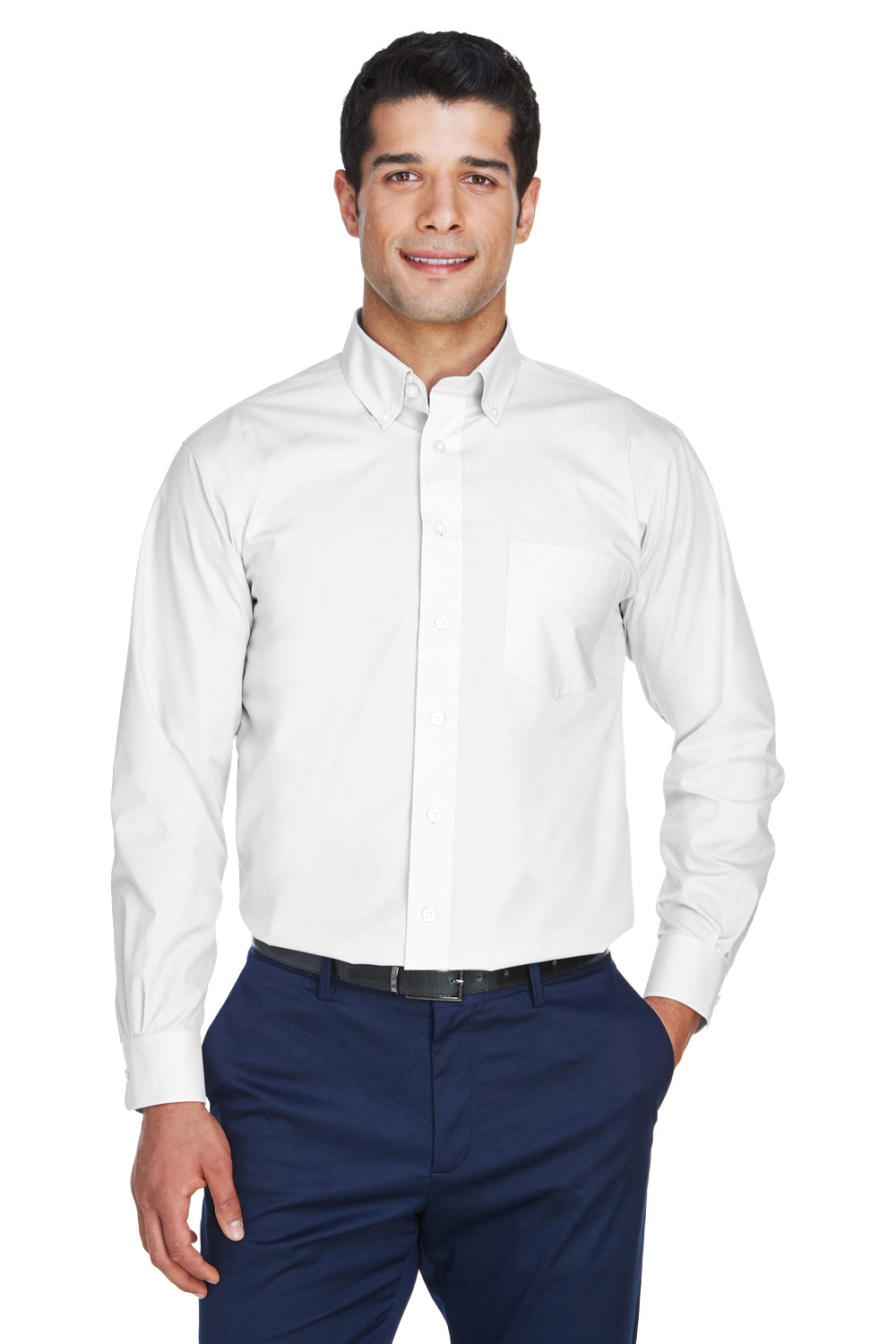 Devon & Jones D620/D620T Mens Crown Woven Collection Wrinkle Resistant Long Sleeve Button Down Shirt w/ Pocket White Model Front