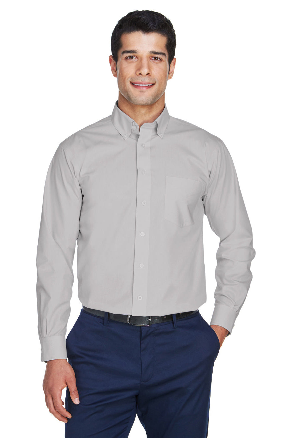 Devon & Jones D620/D620T Mens Crown Woven Collection Wrinkle Resistant Long Sleeve Button Down Shirt w/ Pocket Silver Grey Model Front