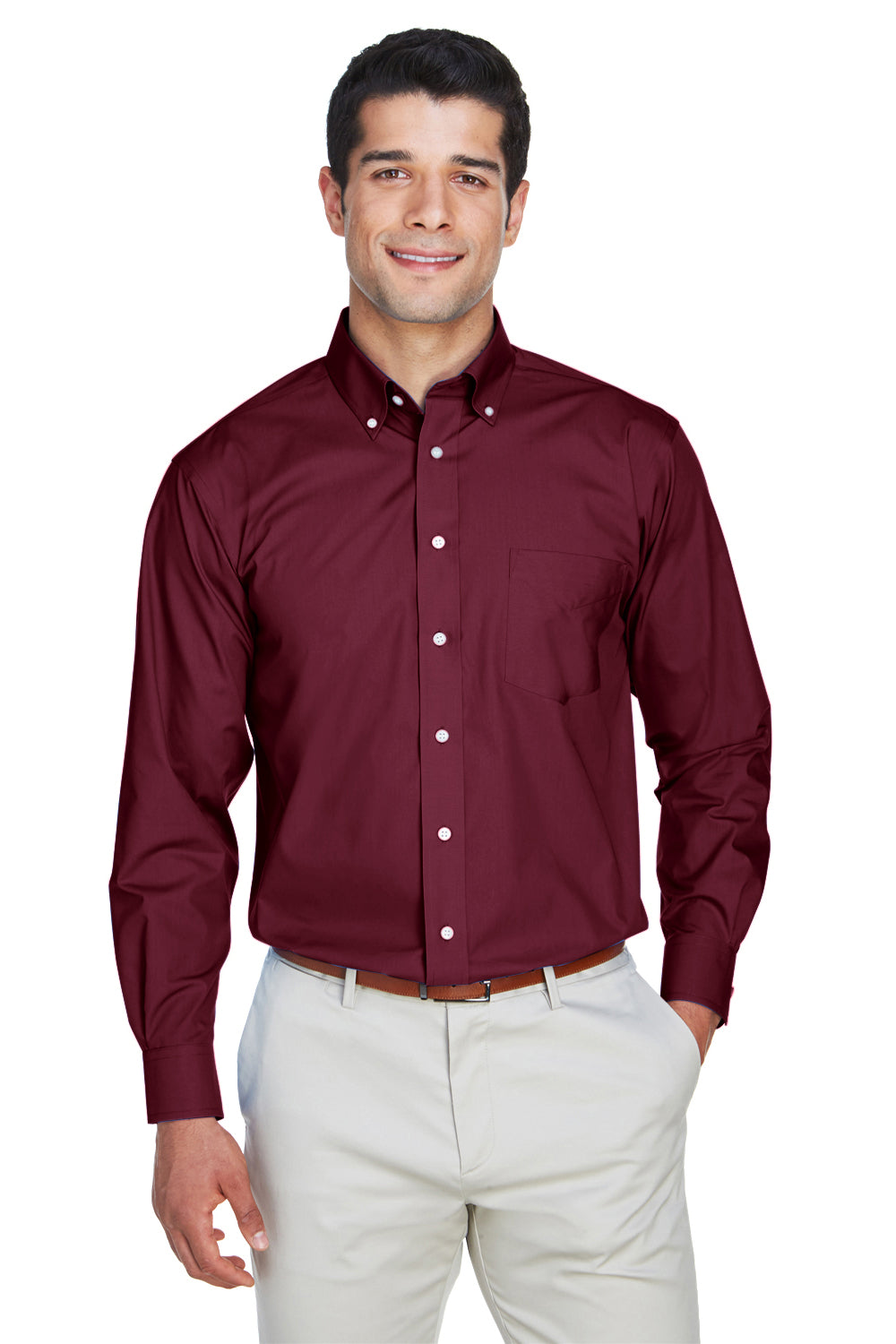 Devon & Jones D620/D620T Mens Crown Woven Collection Wrinkle Resistant Long Sleeve Button Down Shirt w/ Pocket Burgundy Model Front