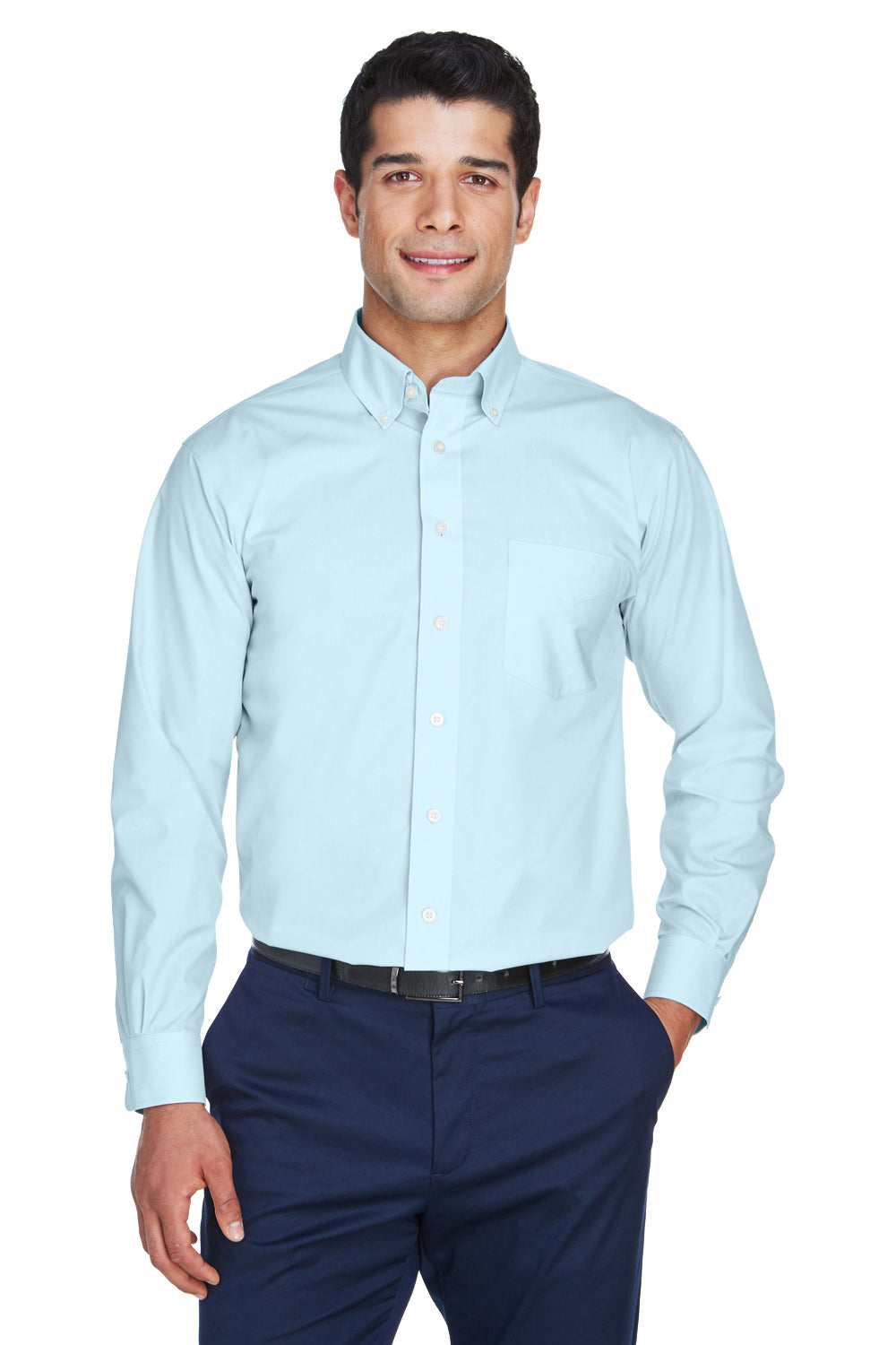 Devon & Jones D620/D620T Mens Crown Woven Collection Wrinkle Resistant Long Sleeve Button Down Shirt w/ Pocket Crystal Blue Model Front