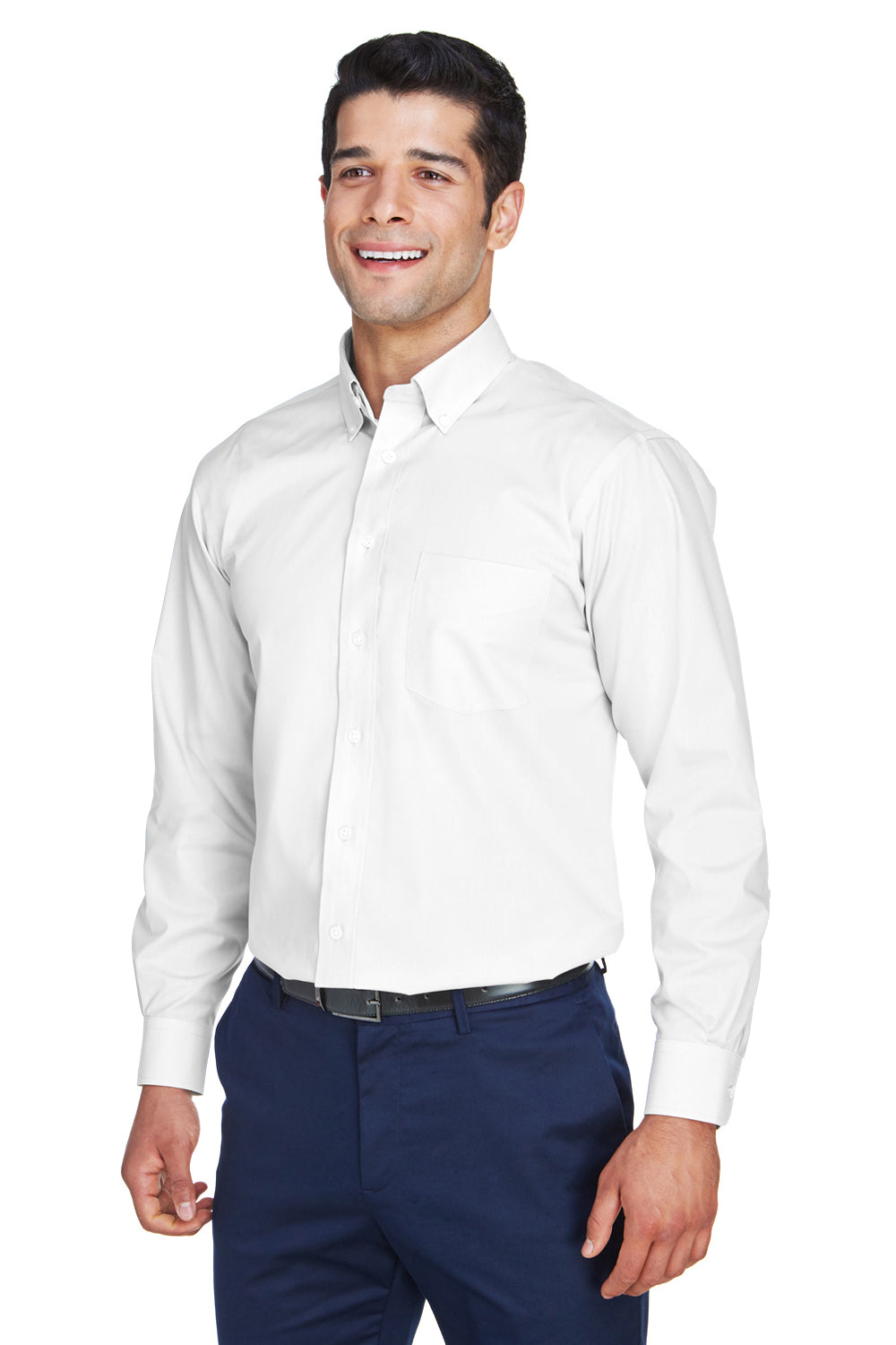 Devon & Jones D620/D620T Mens Crown Woven Collection Wrinkle Resistant Long Sleeve Button Down Shirt w/ Pocket White Model 3q