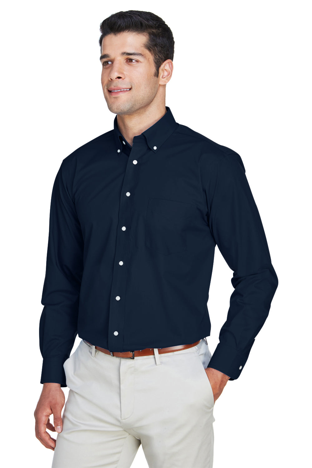 Devon & Jones D620/D620T Mens Crown Woven Collection Wrinkle Resistant Long Sleeve Button Down Shirt w/ Pocket Navy Blue Model 3q