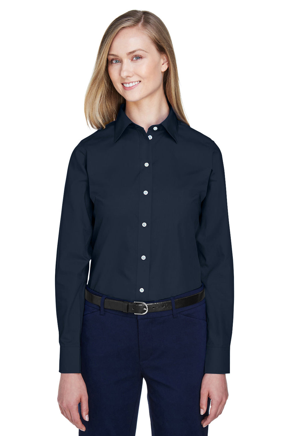 Devon & Jones D620W Womens Crown Woven Collection Wrinkle Resistant Long Sleeve Button Down Shirt Navy Blue Model Front