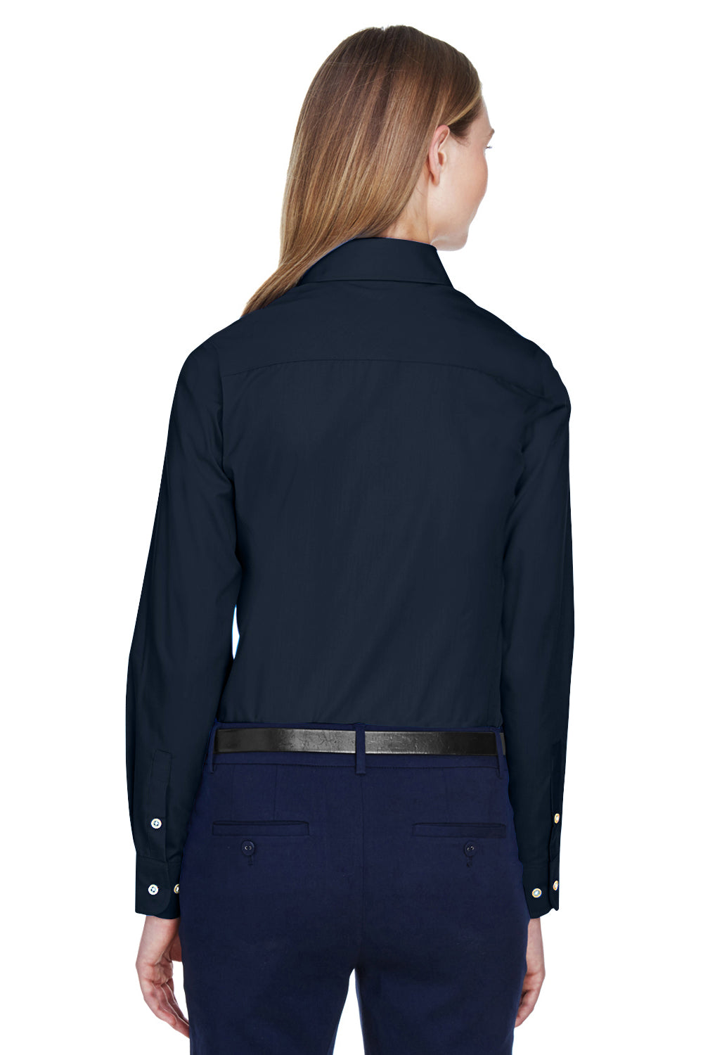 Devon & Jones D620W Womens Crown Woven Collection Wrinkle Resistant Long Sleeve Button Down Shirt Navy Blue Model Back