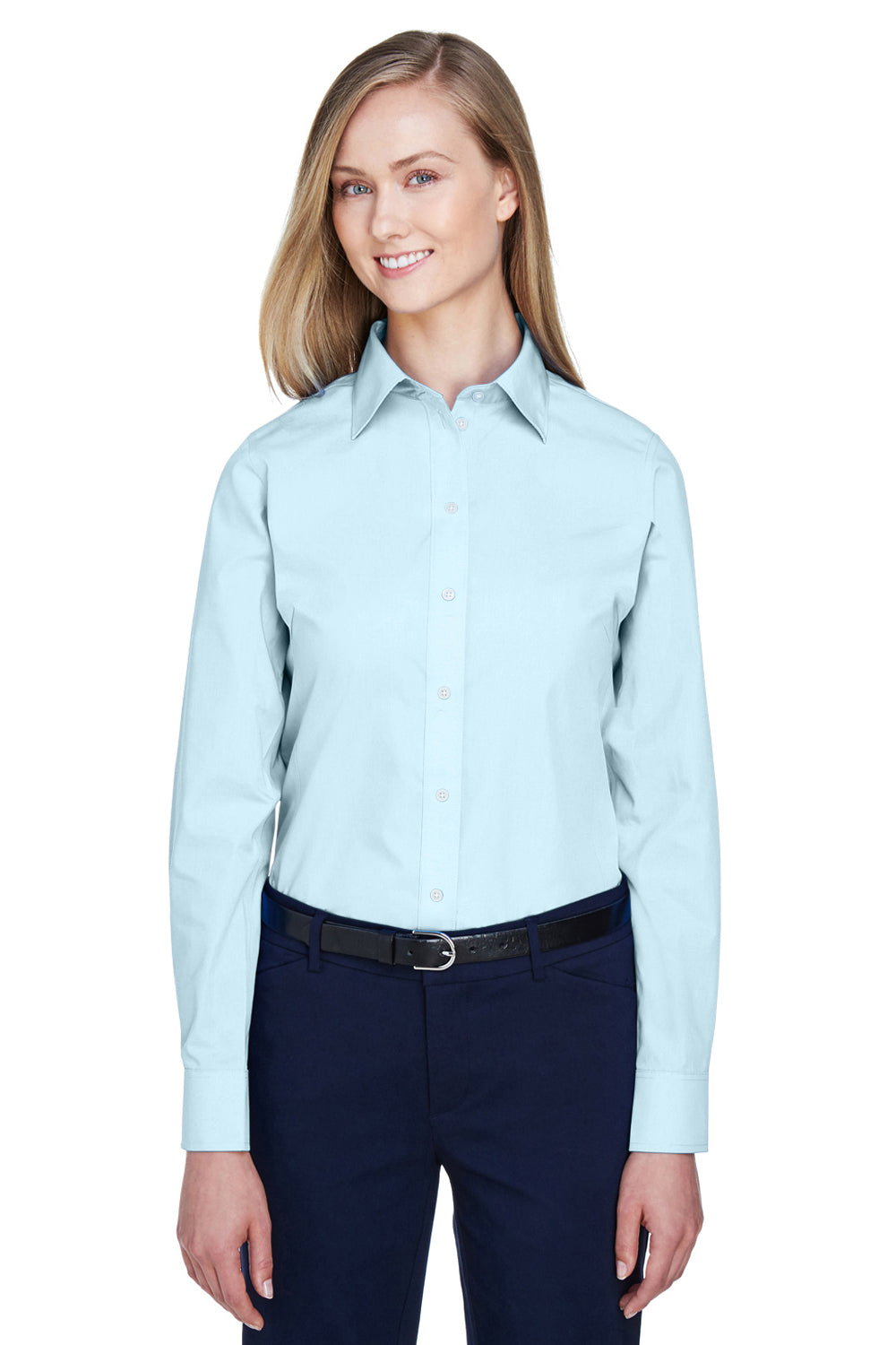 Devon & Jones D620W Womens Crown Woven Collection Wrinkle Resistant Long Sleeve Button Down Shirt Crystal Blue Model Front