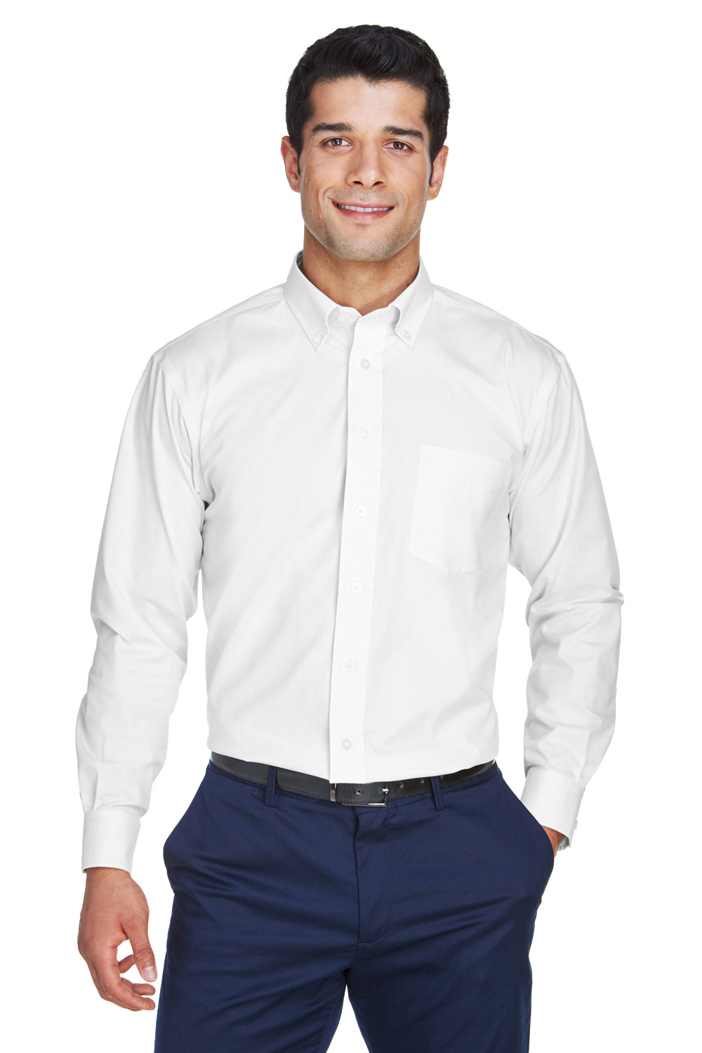 Devon & Jones D630 Mens Crown Woven Collection Wrinkle Resistant Long Sleeve Button Down Shirt w/ Pocket White Model Front