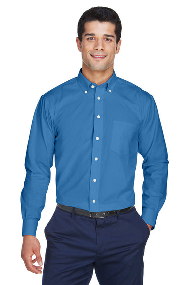 Devon & Jones D630 Mens Crown Woven Collection Wrinkle Resistant Long Sleeve Button Down Shirt w/ Pocket French Blue Model Front