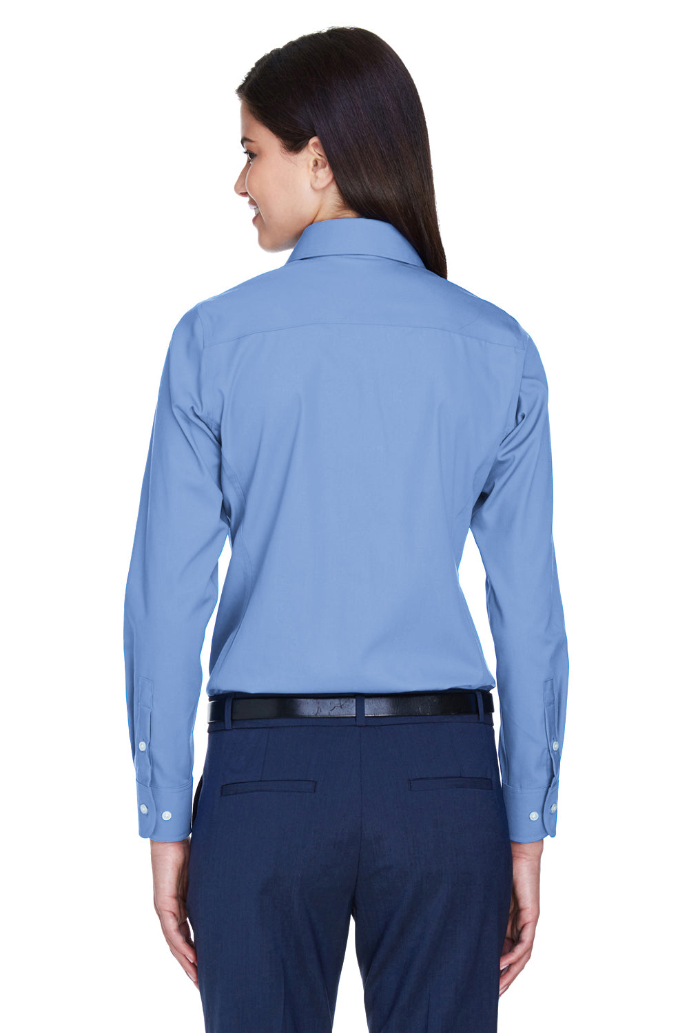 Devon & Jones D630W Womens Crown Woven Collection Wrinkle Resistant Long Sleeve Button Down Shirt Light Blue Model Back