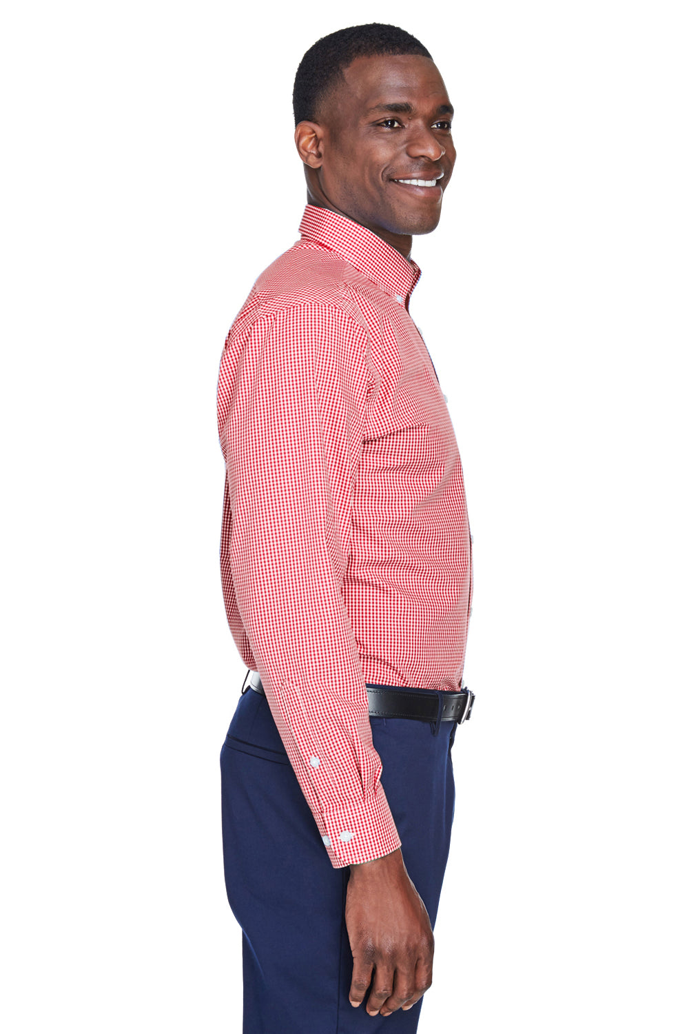 Devon & Jones D640 Mens Crown Woven Collection Wrinkle Resistant Long Sleeve Button Down Shirt w/ Pocket Red Model Side