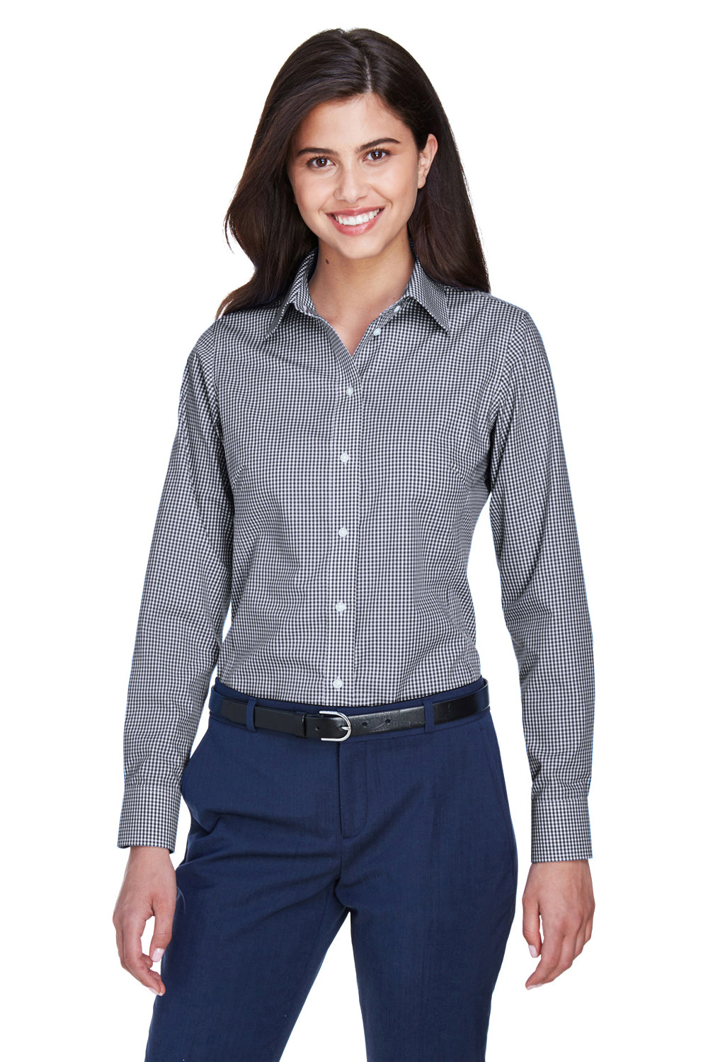 Devon & Jones D640W Womens Crown Woven Collection Wrinkle Resistant Long Sleeve Button Down Shirt Navy Blue Model Front