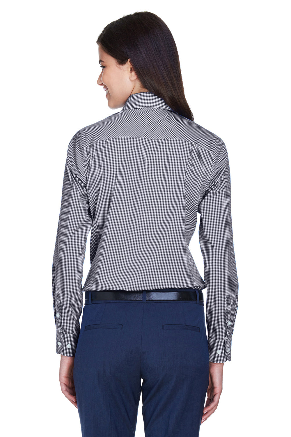 Devon & Jones D640W Womens Crown Woven Collection Wrinkle Resistant Long Sleeve Button Down Shirt Navy Blue Model Back