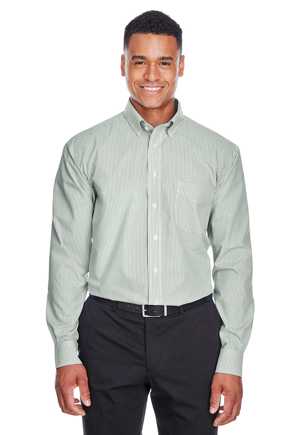 Devon & Jones D645 Mens Crown Woven Collection Wrinkle Resistant Long Sleeve Button Down Shirt w/ Pocket Dill Green Model Front