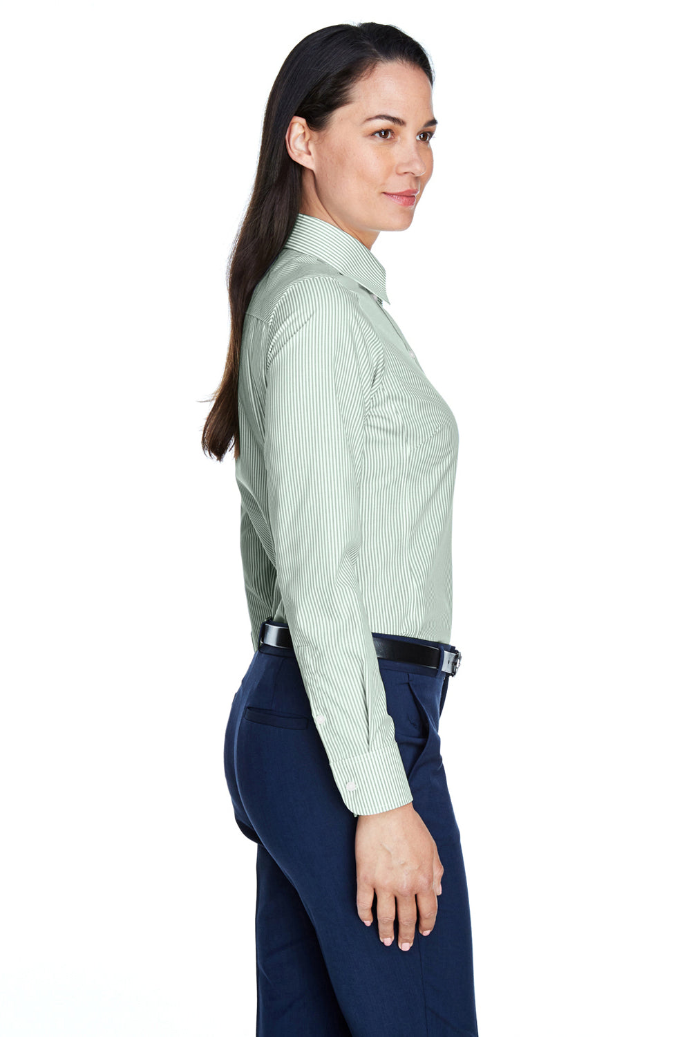 Devon & Jones D645W Womens Crown Woven Collection Wrinkle Resistant Long Sleeve Button Down Shirt Dill Green Model Side