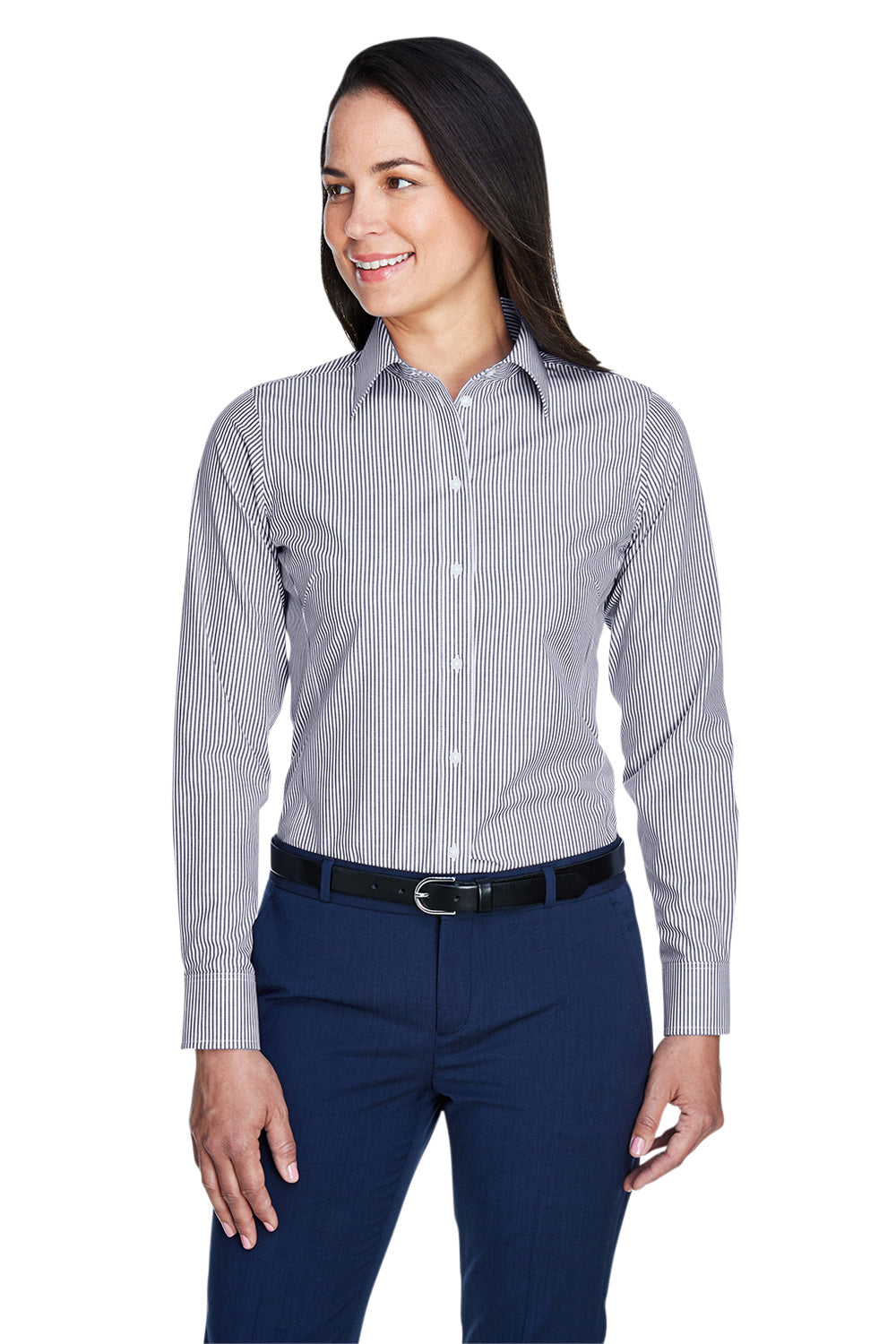 Devon & Jones D645W Womens Crown Woven Collection Wrinkle Resistant Long Sleeve Button Down Shirt Navy Blue Model Front