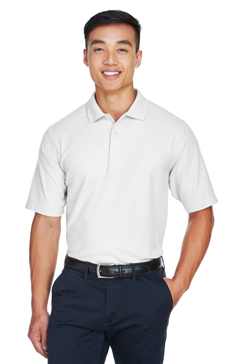 Devon & Jones DG150/DG150T Mens DryTec20 Performance Moisture Wicking Short Sleeve Polo Shirt White Model Front