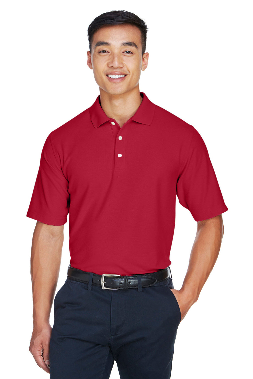 Devon & Jones DG150/DG150T Mens DryTec20 Performance Moisture Wicking Short Sleeve Polo Shirt Red Model Front