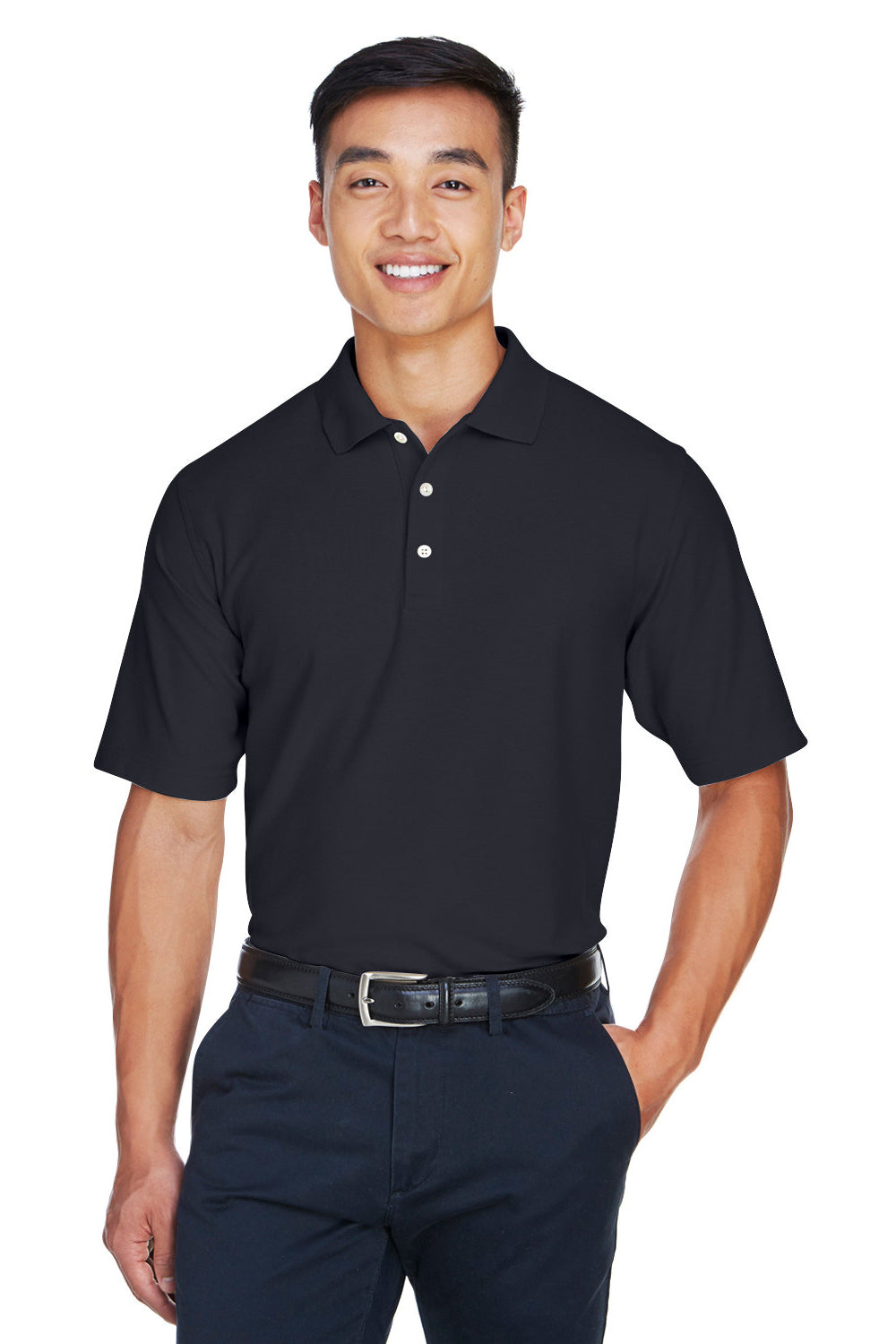 Devon & Jones DG150/DG150T Mens DryTec20 Performance Moisture Wicking Short Sleeve Polo Shirt Navy Blue Model Front