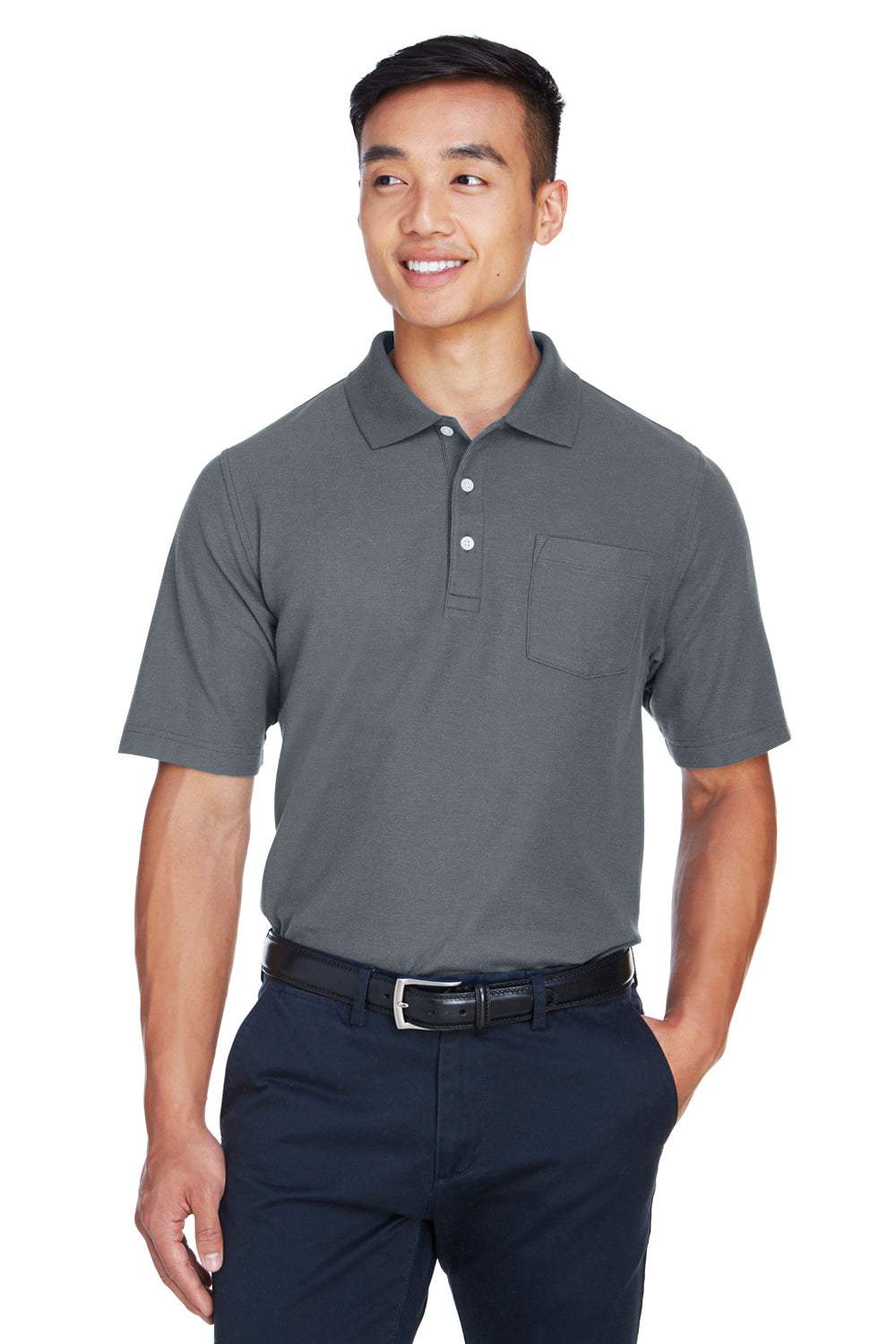 Devon & Jones DG150P Mens DryTec20 Performance Moisture Wicking Short Sleeve Polo Shirt w/ Pocket Graphite Grey Model Front