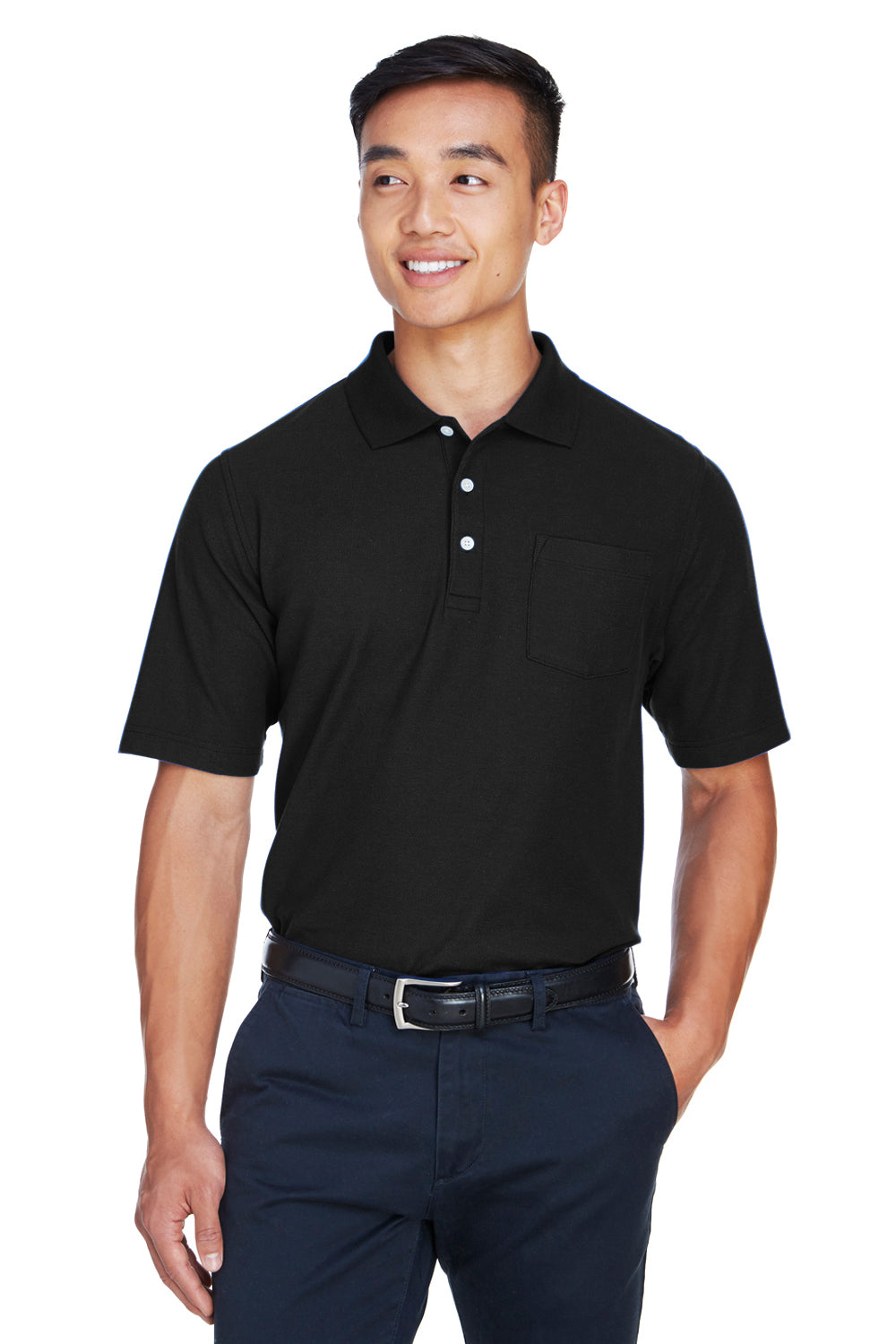 Devon & Jones DG150P Mens DryTec20 Performance Moisture Wicking Short Sleeve Polo Shirt w/ Pocket Black Model Front