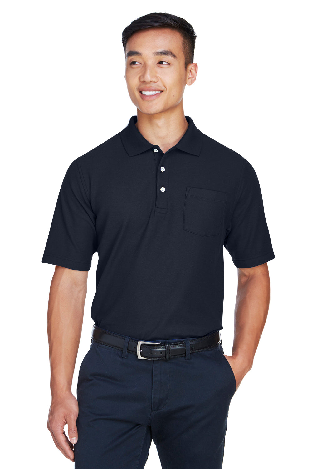 Devon & Jones DG150P Mens DryTec20 Performance Moisture Wicking Short Sleeve Polo Shirt w/ Pocket Navy Blue Model Front