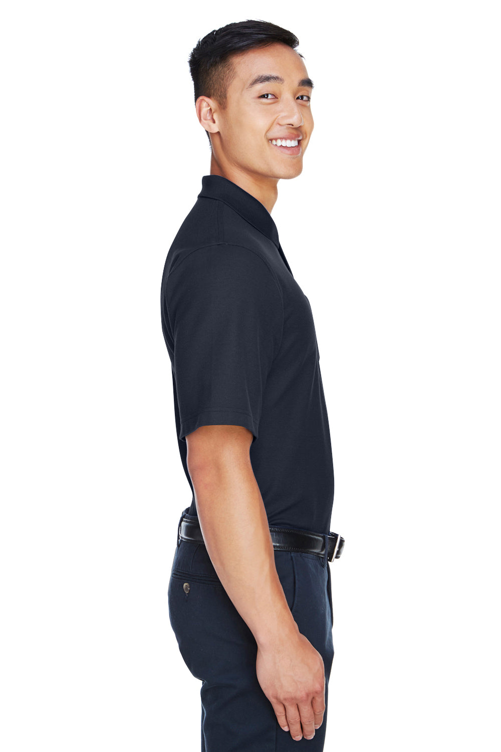 Devon & Jones DG150P Mens DryTec20 Performance Moisture Wicking Short Sleeve Polo Shirt w/ Pocket Navy Blue Model Side