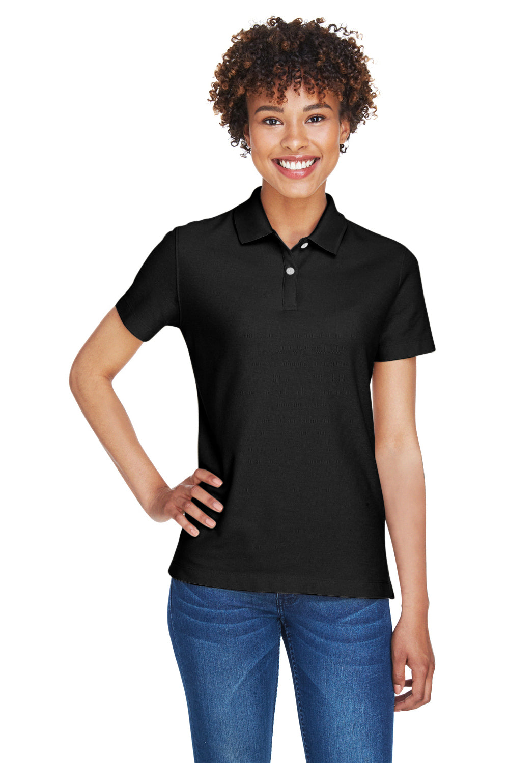 Devon & Jones DG150W Womens DryTec20 Performance Moisture Wicking Short Sleeve Polo Shirt Black Model Front