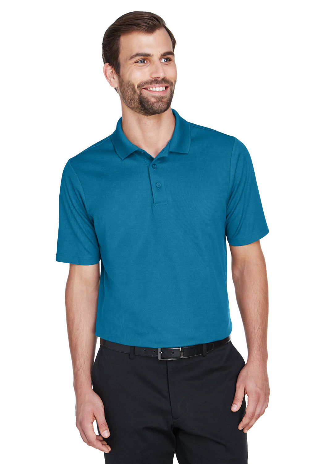 Devon & Jones DG20/DG20T Mens CrownLux Performance Moisture Wicking Short Sleeve Polo Shirt Dark Teal Blue Model Front