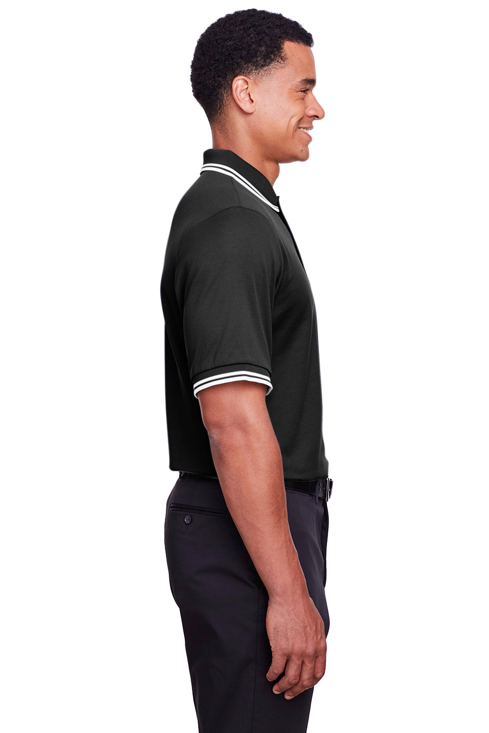 Devon & Jones DG20C Mens CrownLux Performance Moisture Wicking Short Sleeve Polo Shirt Black/White Model Side