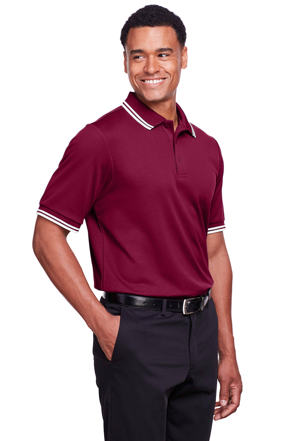 Devon & Jones DG20C Mens CrownLux Performance Moisture Wicking Short Sleeve Polo Shirt Burgundy/White Model 3q