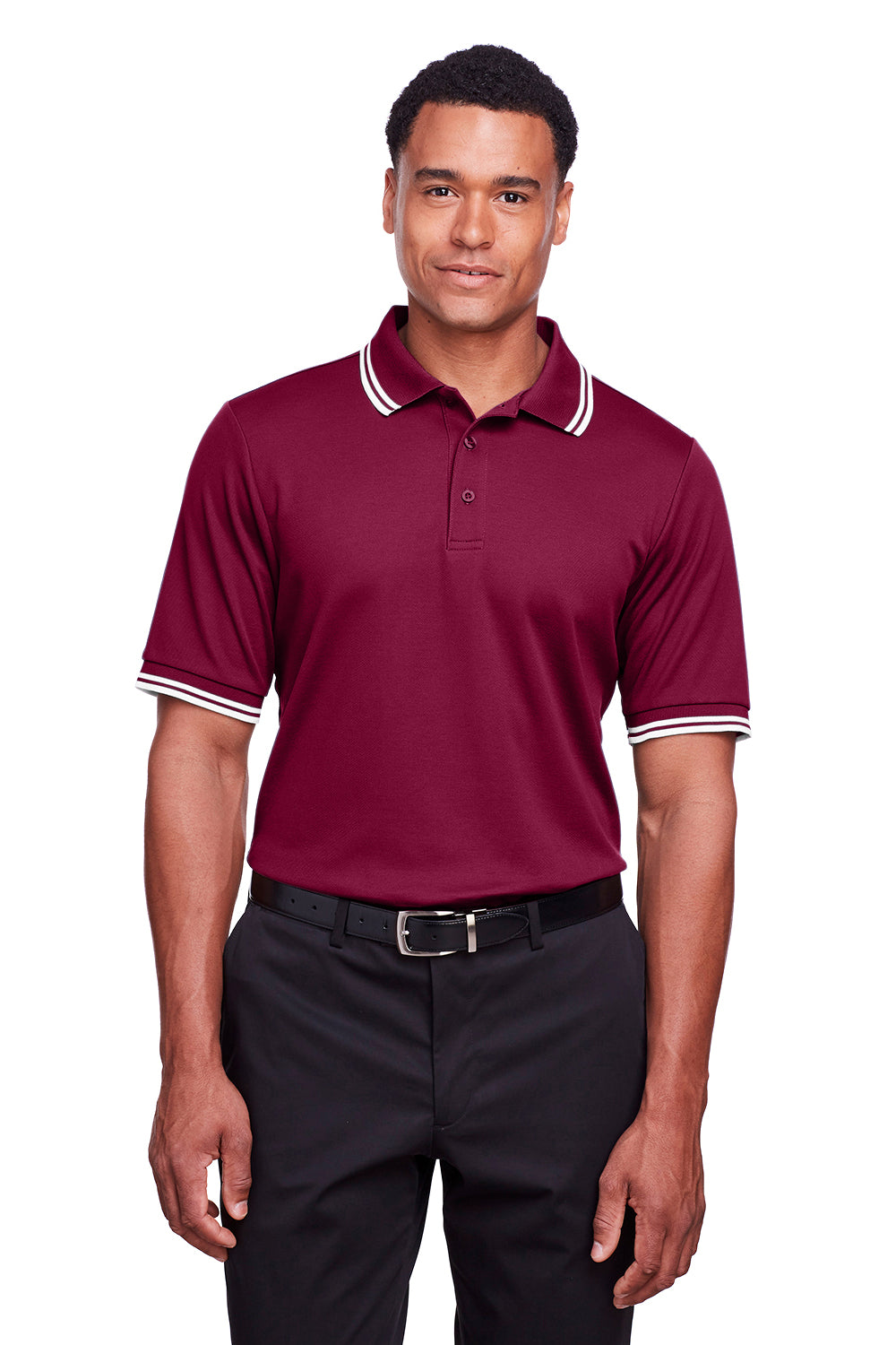 Devon & Jones DG20C Mens CrownLux Performance Moisture Wicking Short Sleeve Polo Shirt Burgundy/White Model Front