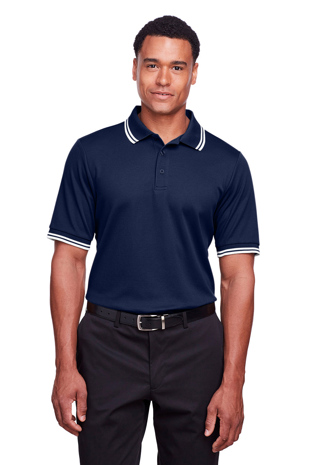 Devon & Jones DG20C Mens CrownLux Performance Moisture Wicking Short Sleeve Polo Shirt Navy Blue/White Model Front