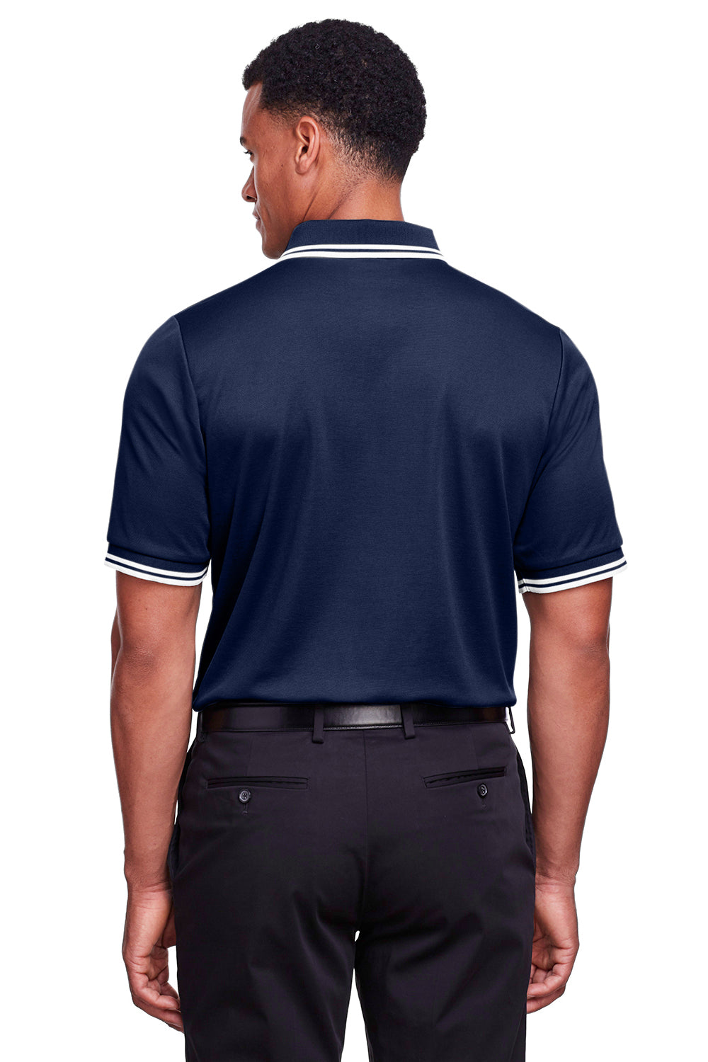 Devon & Jones DG20C Mens CrownLux Performance Moisture Wicking Short Sleeve Polo Shirt Navy Blue/White Model Back