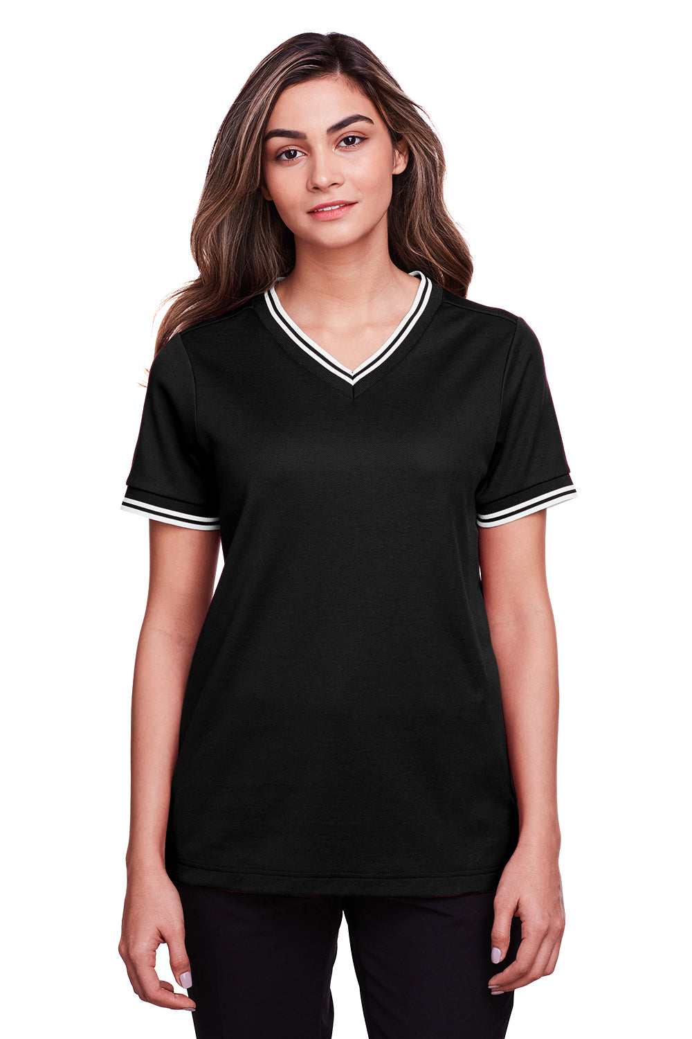 Devon & Jones DG20CW Womens CrownLux Performance Moisture Wicking Short Sleeve Polo Shirt Black/White Model Front